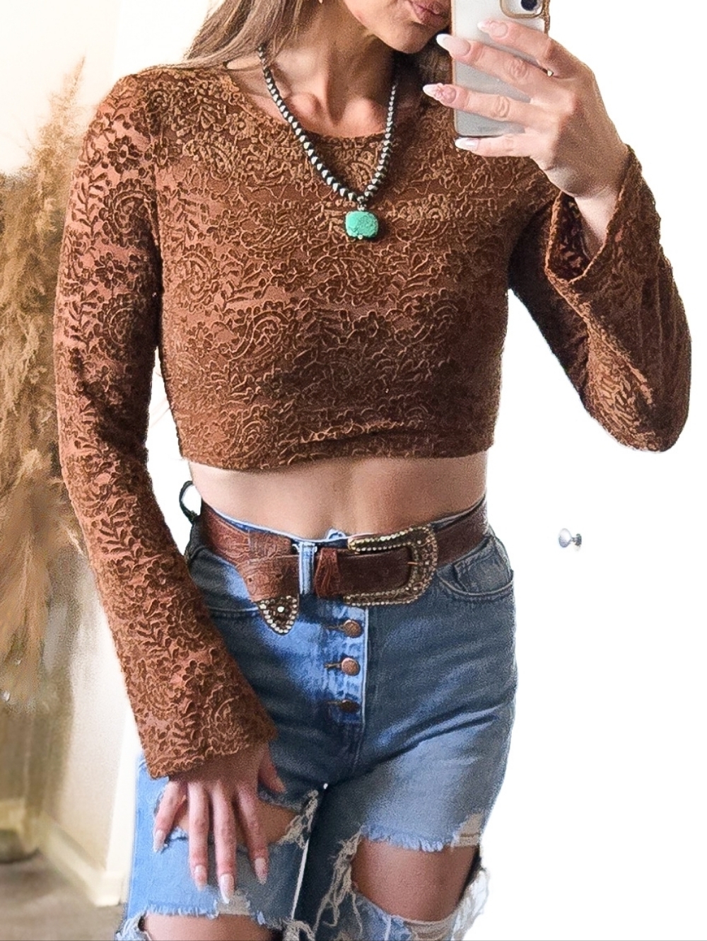 Cider Brown Lace Mesh Long Sleeve Crop Top Boho Western Bell Sleeve Size S Rust